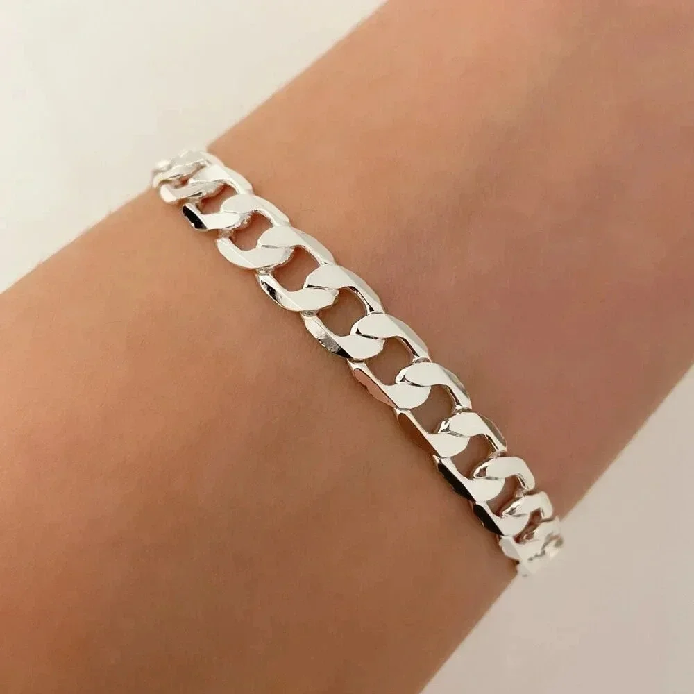 925 Sterling Silver Flat Curb Chain Bracelet 6 MM Dainty Chain Link Bracelet - Picture 1 of 6